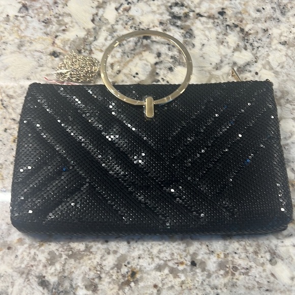 Landry black sequin with gold ring handle evening clutch - Picture 2 of 5